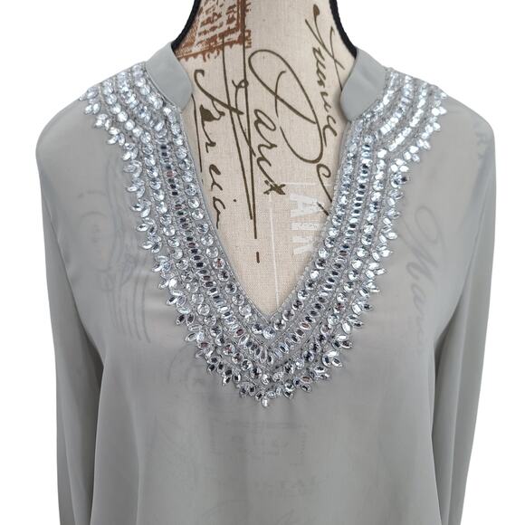 Boston Proper Gray embellished beaded long sleeve tunic Sz 10 Old money polished - Picture 5 of 13